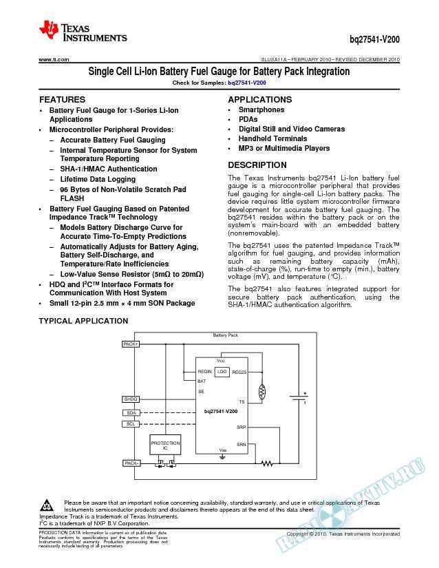 Single Cell Li-Ion Battery Fuel Gauge for Battery-Pack Integration (Rev. A)