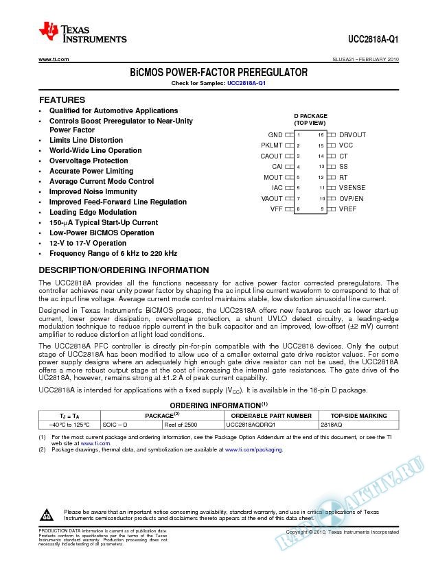 UCC2818A-Q1 BiCMOS Power Factor Regulator