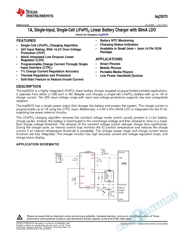 1A, Single-Input, Single-Cell LiFePO4, Linear Battery Charger w/ 50mA LDO