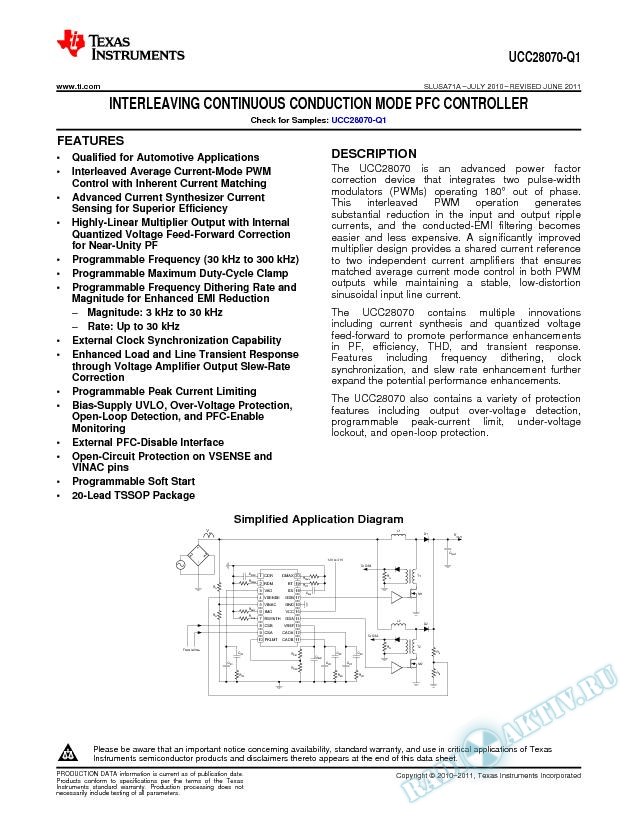 UCC28070-Q1 Interleaving Continuous Conduction Mode PFC Controller. (Rev. A)