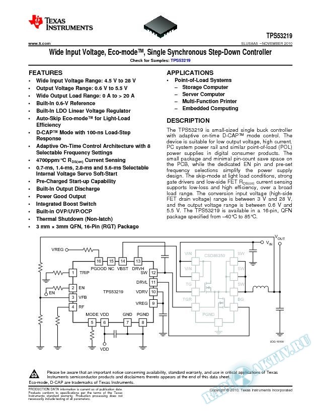 Wide Input Voltage, Eco-mode™, Single Synchronous Step-Down Controller