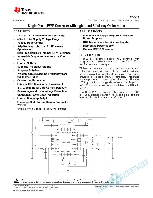 Single Phase PWM Controller with Light-Load Efficiency Optimization (Rev. A)