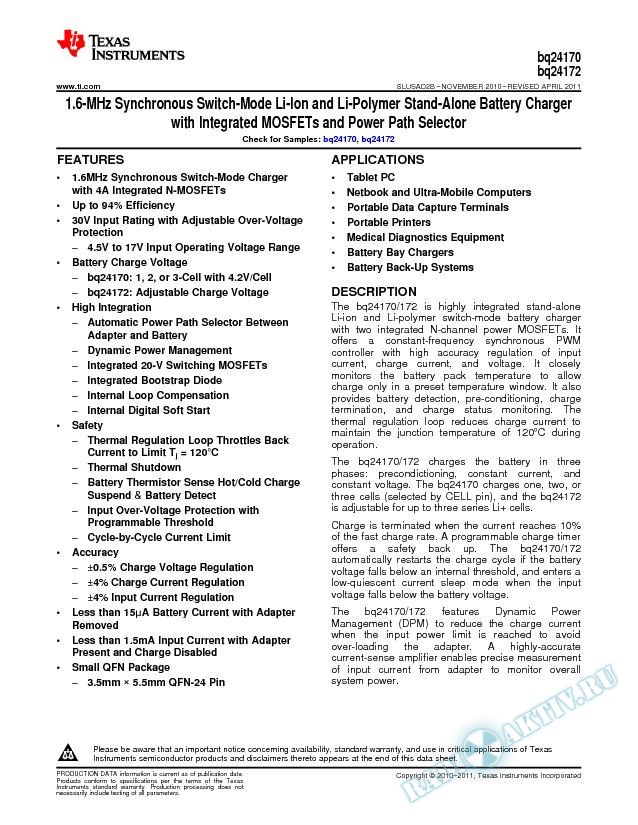 1.6-MHz Synchronous Switch-Mode Li-Ion and Li-Polymer Stand-alone Battery Charge (Rev. B)