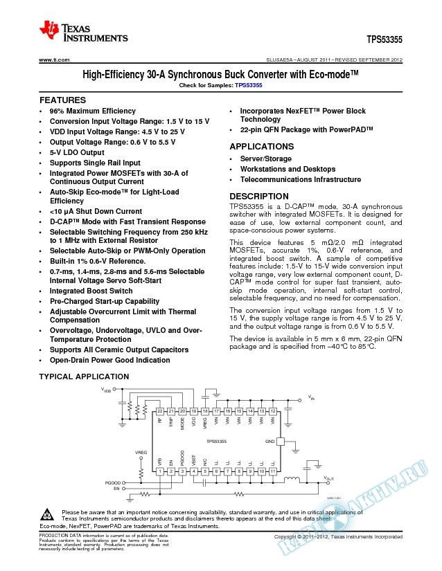 High-Efficiency 30-A Synchronous Buck Converter with Eco-mode(tm) (Rev. A)