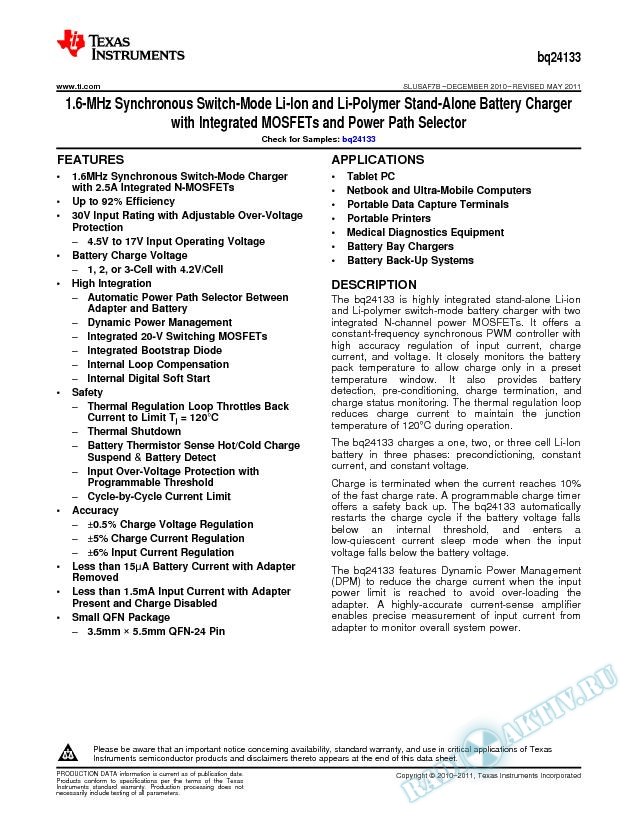 1.6MHz Synchronous Switch-Mode Li-Ion/Li-Polymer Stand-Alone Battery Charger (Rev. B)