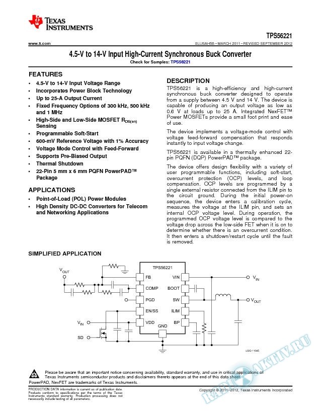 4.5-V to 14-V Input High-Current Synchronous Buck Converter, TPS56221 (Rev. B)