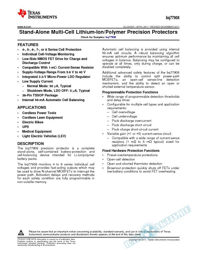 Stand-Alone MultiCell Lithium-Ion/Polymer Precision Protectors . (Rev. D)