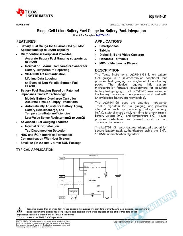 Single Cell Li-Ion Battery Fuel Gauge for Battery Pack Integration, bq27541-G1 (Rev. C)