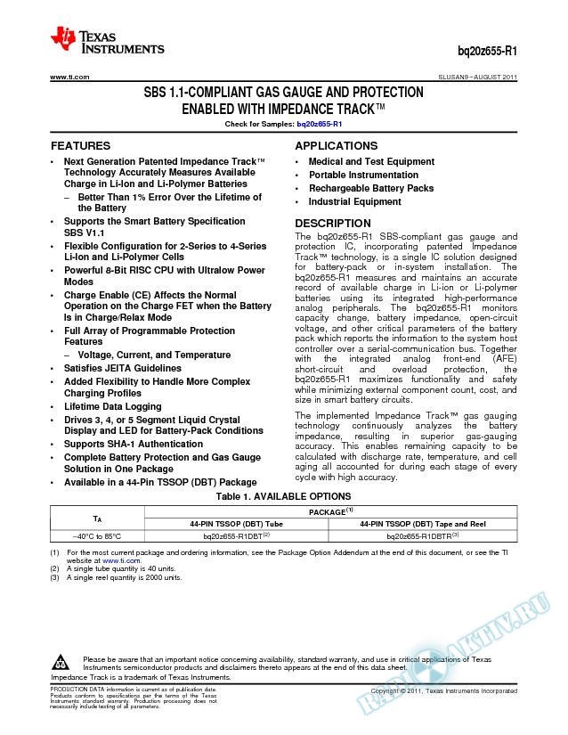 bq20z655-R1 SBS 1.1-COMPLIANT GG AND PROTECTION ENABLED WITH IMPEDANCE TRACK
