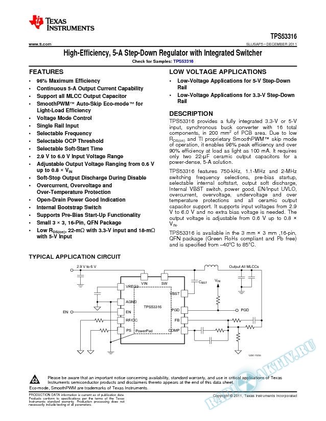 High-Efficiency, 5-A Step-Down Regulator w/Integrated Switcher