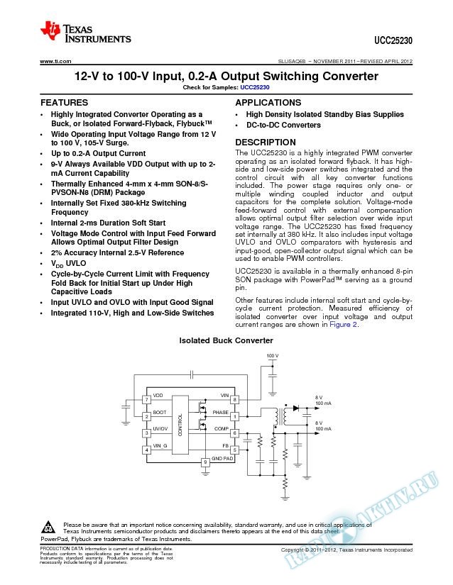 12-V to 100-V Input, 0.2-A Output Switching Converter (Rev. B)