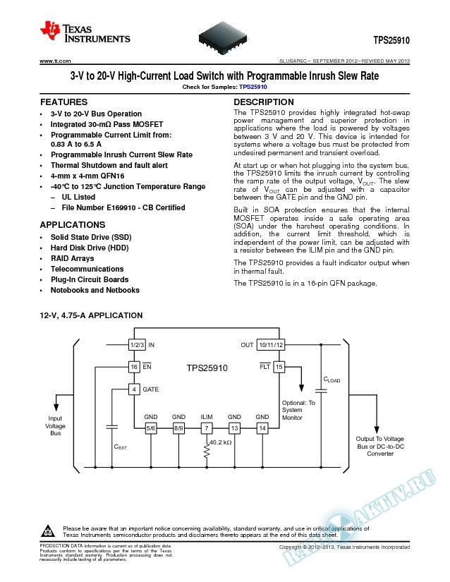 3-V to 20-V High-Current Load Switch with Programmable Inrush Slew Rate (Rev. C)