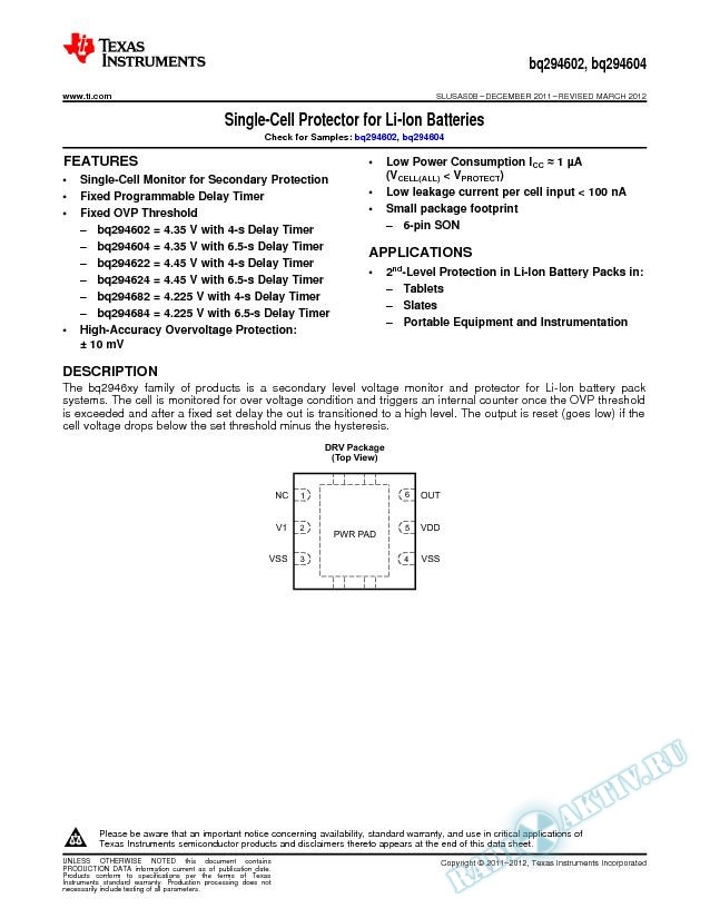 Single-Cell Protector for Li-Ion Batteries (Rev. B)