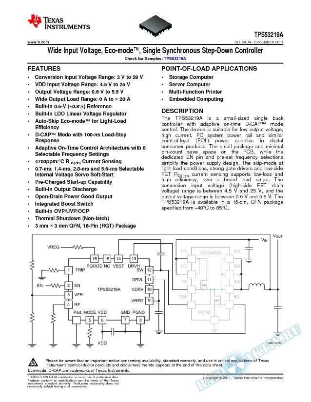 Wide Input Voltage, Eco-Mode, Single Synchronous Step Controller