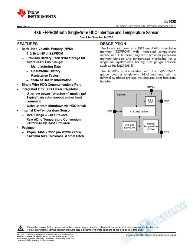 4Kb EEPROM with single-wire HDQ interface and temperature sensor (Rev. B)