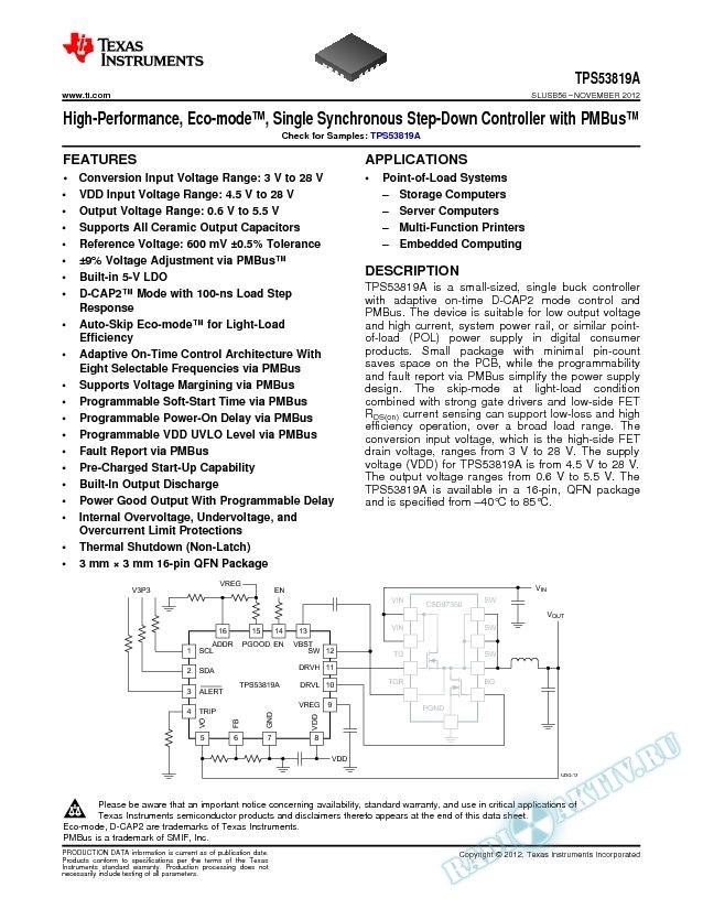 High-Performance, Eco-mode™, Single Synchronous Step-Down Controller with PMBus™