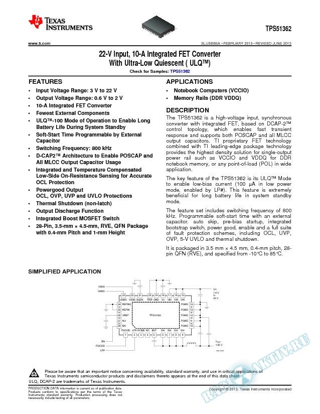 22-V Input, 10-A Integrated FET Converter With Ultra-Low Quiescent (ULQ) (Rev. A)