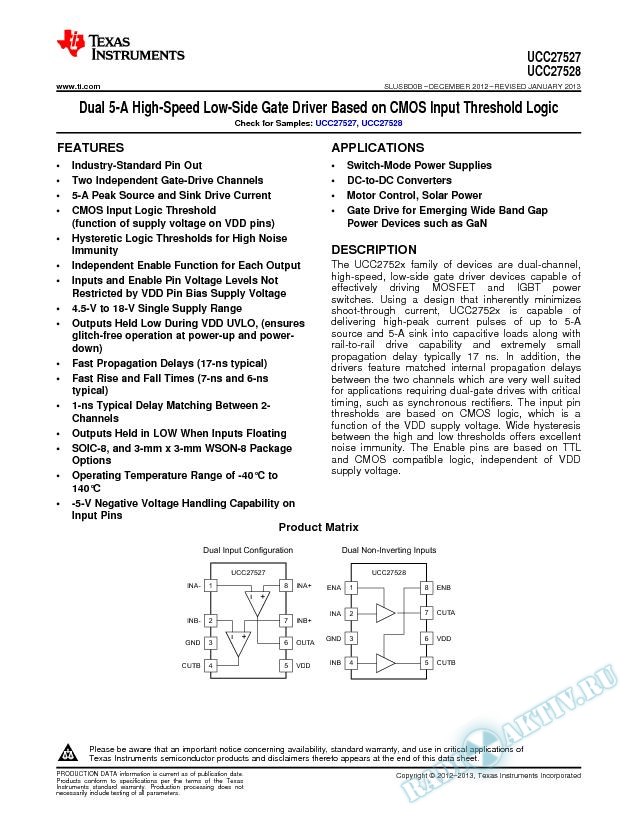 Dual 5-A High-Speed Low-Side Gate Driver Based on CMOS Input Threshold (Rev. B)