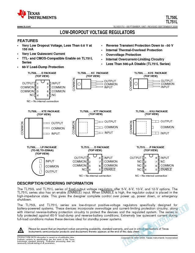 TL750L, TL751L Low-Dropout Voltage Regulators (Rev. U)