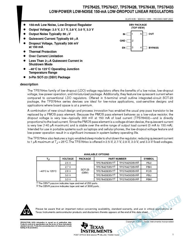 Low-Power Low-Noise 150-mA Low-Dropout Linear Regulator (Rev. B)