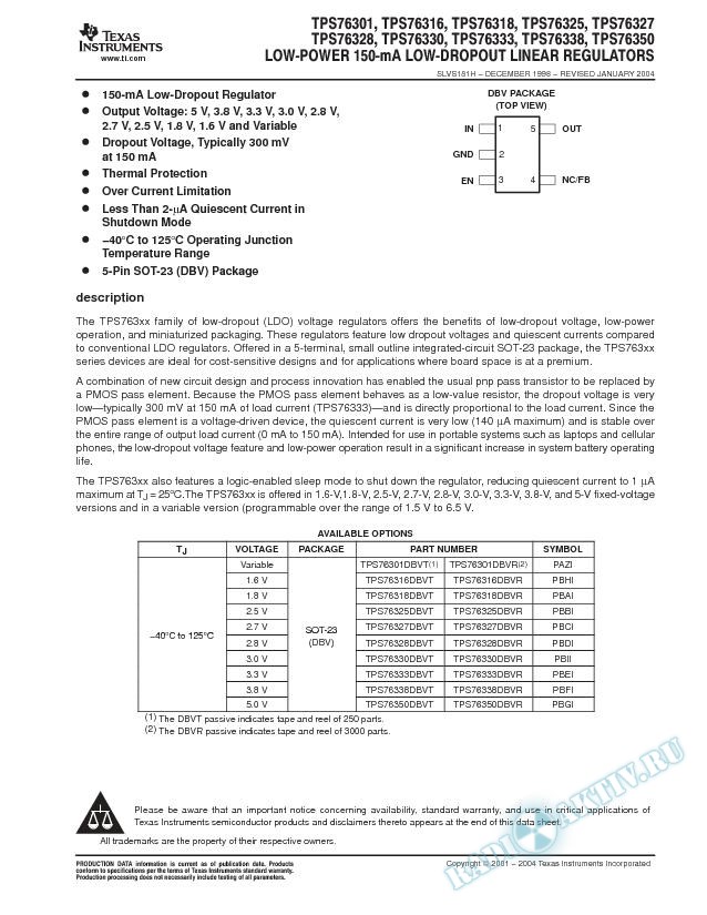 TPS763xx: Low-Power 150-mA Low-Dropout Linear Regulators (Rev. H)