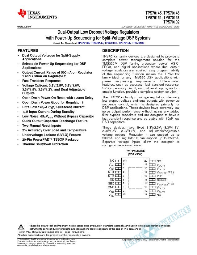 Dual-Output Low-Dropout Vltg Reg with Pwr Up Sequencing For Split Vo (Rev. I)