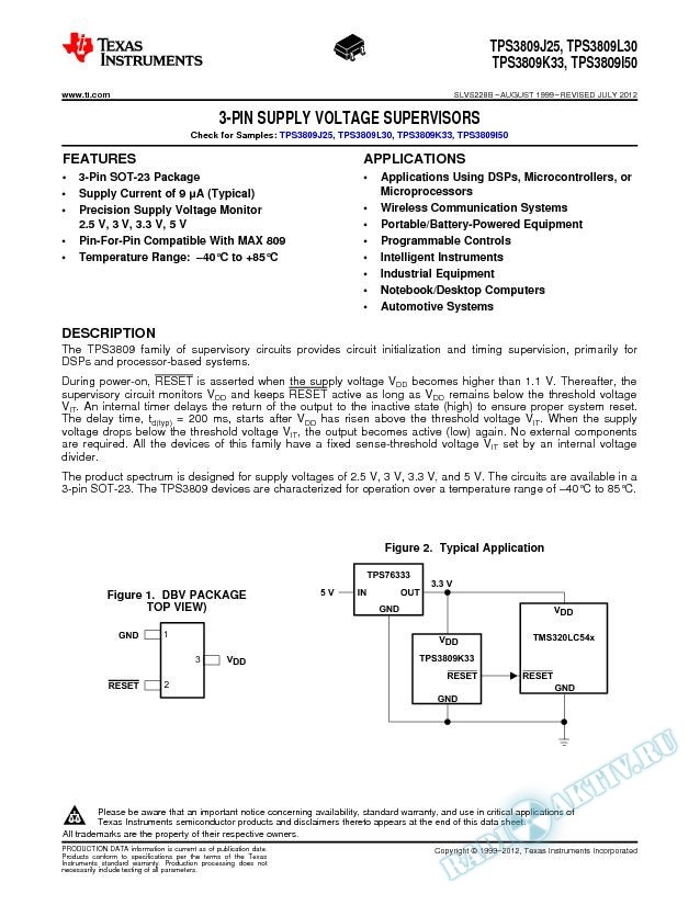 3-Pin Supply Voltage Supervisors, TPS3809x (Rev. B)