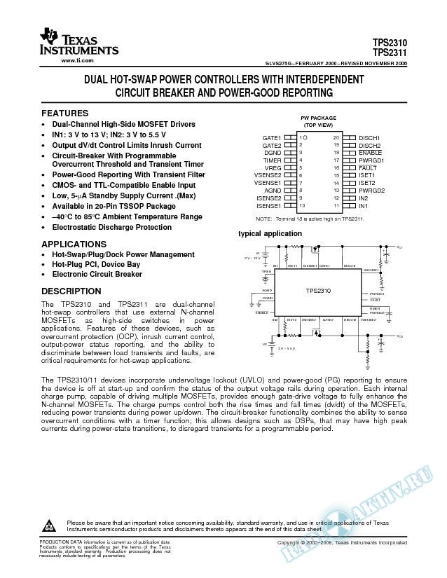 Dual Hot-Swap Controllers with Interdependent Circuit Breaker and Power-Good Rep (Rev. G)