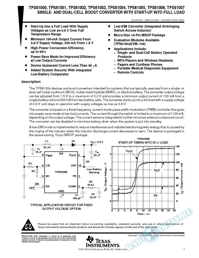 Single- and Dual-Cell Boost Converter with Start-up Into Full Load (Rev. C)