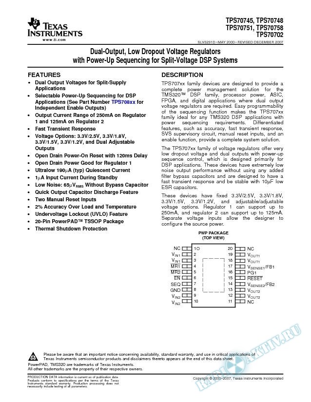 Dual-Output Low-Dropout Voltage Regulators w/Power Up Sequencing for Split DSP (Rev. D)