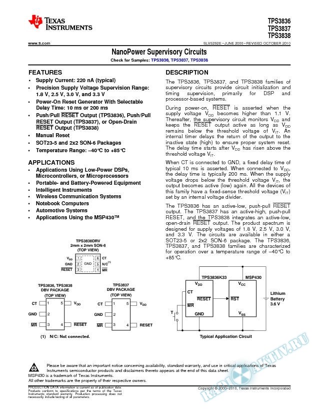 Nanopower Supervisory Circuits, TPS383x (Rev. E)