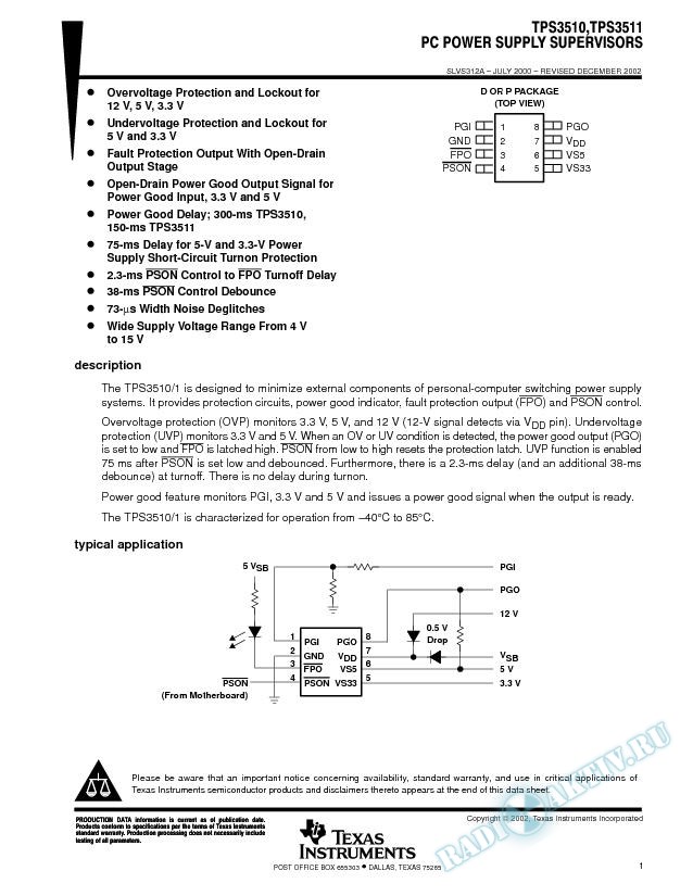 TPS3510, TPS3511: PC Power Supply Supervisors (Rev. A)