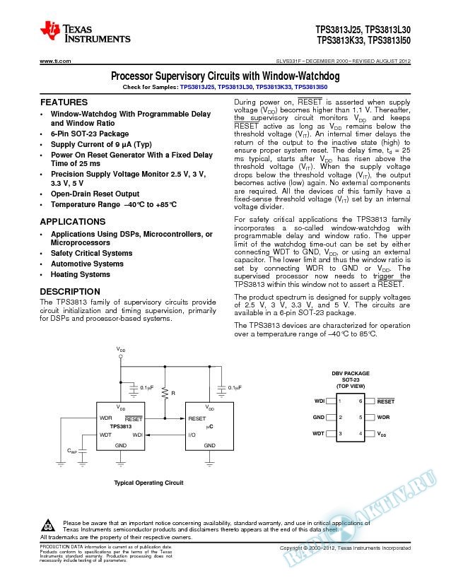 Processor Supervisory Circuits with Window Watchdog (Rev. F)
