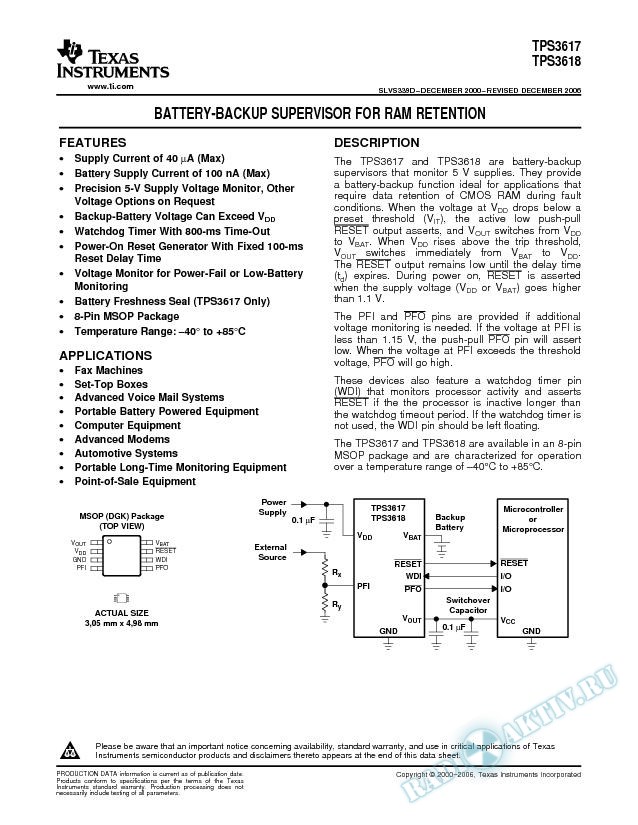 Battery-Backup Supervisor for RAM Retention (Rev. D)