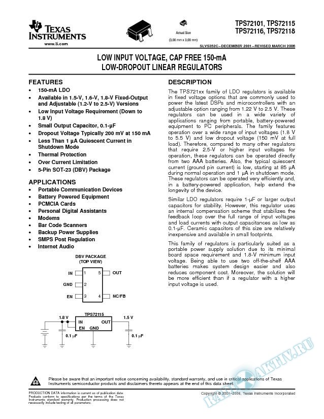 TPS721xx: Low Input Voltage, Cap Free 150-mA  Low-Dropout Regulators (Rev. C)
