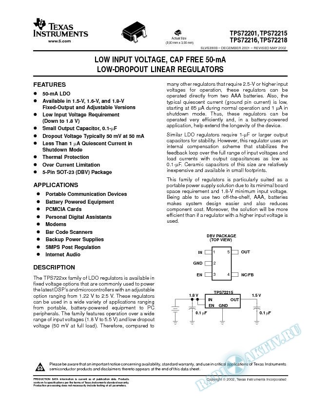 Low Input Voltage, Cap-Free 50-mA Low-Dropout Linear Regulators (Rev. B)