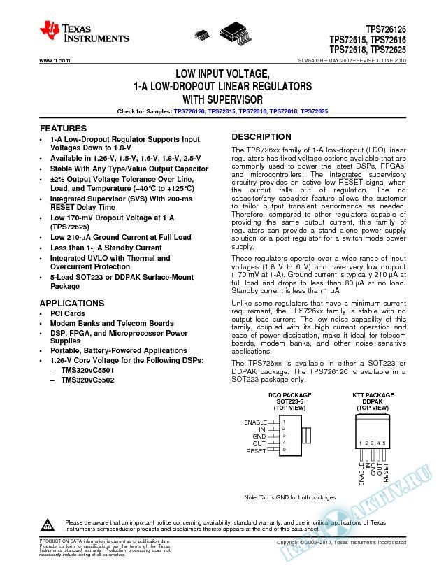 Low Input Voltage, 1-A Low-Dropout Linear Regulators w/ Supervisor (Rev. H)