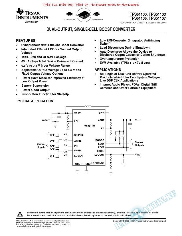TPS6110x - Dual-Output, Single-Cell Boost Converters (Rev. B)