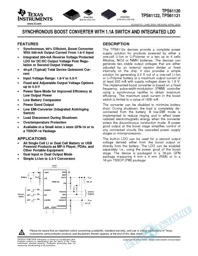 TPS61120/1/2: Synchronous Boost Converter  with 1.1A Switch and Integrated LDO (Rev. C)