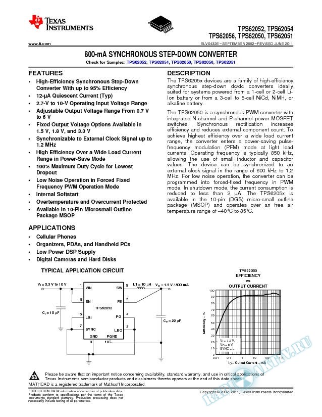 TPS62050/ 51/52/54/56: 800-mA Synchronous Step-Down Converter (Rev. E)