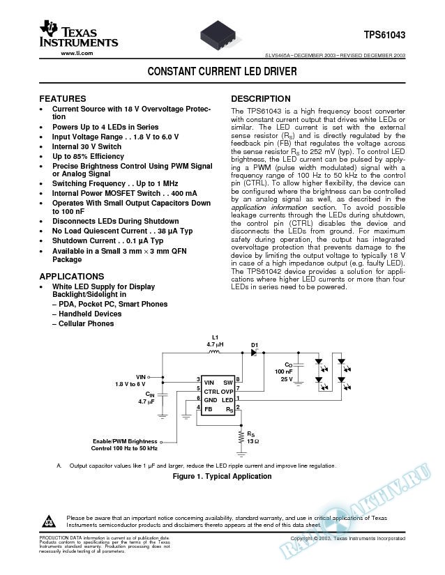 TPS61043: Constant Current LED Driver (Rev. A)