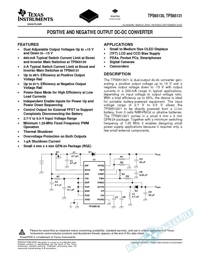 TPS65130, TPS65131: Positive and Negative Output DC-DC Converter (Rev. B)