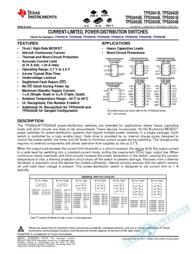 Current-Limited, Power-Distribution Switches. TPS20x. (Rev. L)