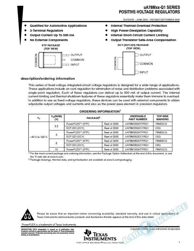 uA78Mxx-Q1 Series: Positive-Voltage Regulators (Rev. B)