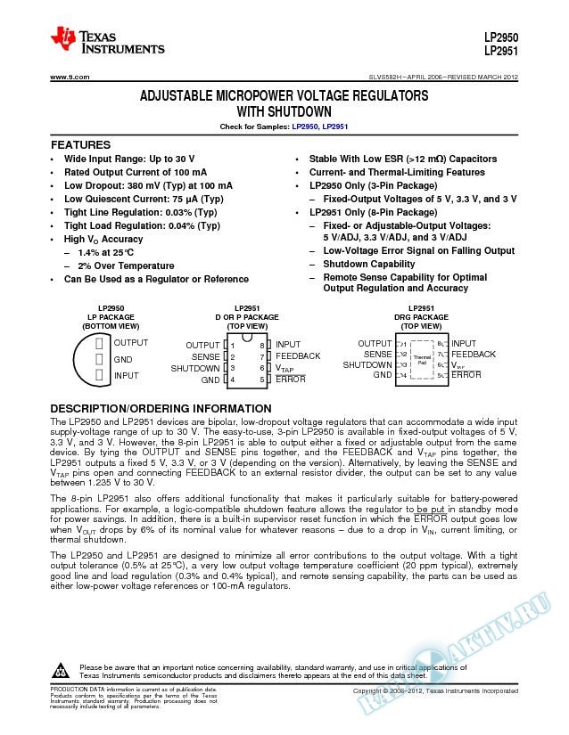 LP2950, LP2951 Adjustable Micropower Voltage Regulator With Shutdown (Rev. H)