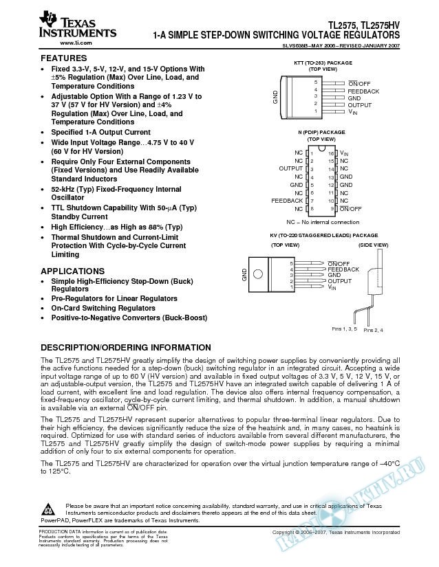 TL2575, TL2575HV 1-A Simple Step-Down Switching Voltage Regulators (Rev. B)