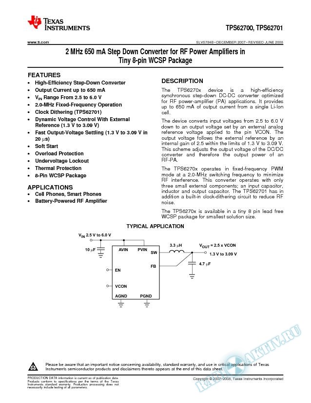 2 MHz 650 mA Step Down Converter for RF Power Amplifiers in Tiny 8-pin WCSP Pkg (Rev. B)