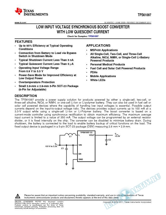 Low Input Voltage Synchronous Boost Converter With Low-Quiescent Current (Rev. C)