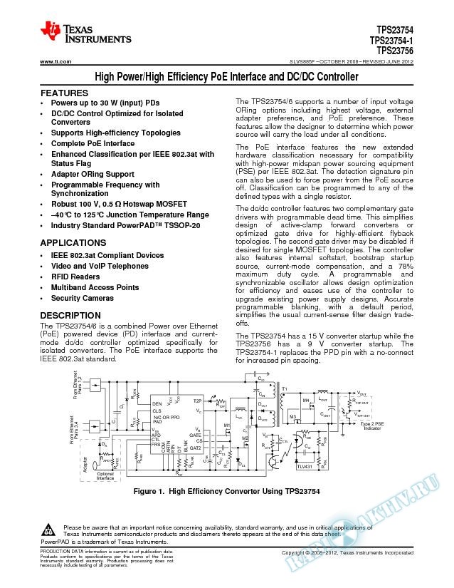 High Power/High Efficiency PoE Interface and DC/DC Controller (Rev. F)