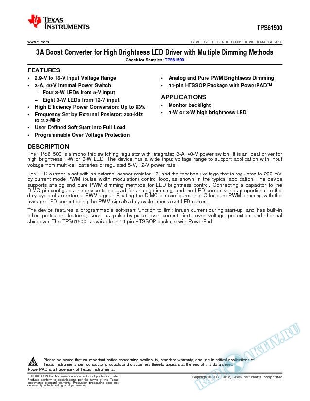High output regulator for high brightness LED (Rev. B)